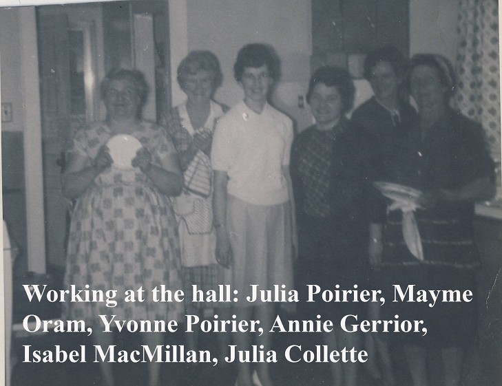 Working at the thall: Julia Poirier, Mayme Orm, Yvonne Poirier, Annie Gerrior, Isabel MacMillan and Julia Collett